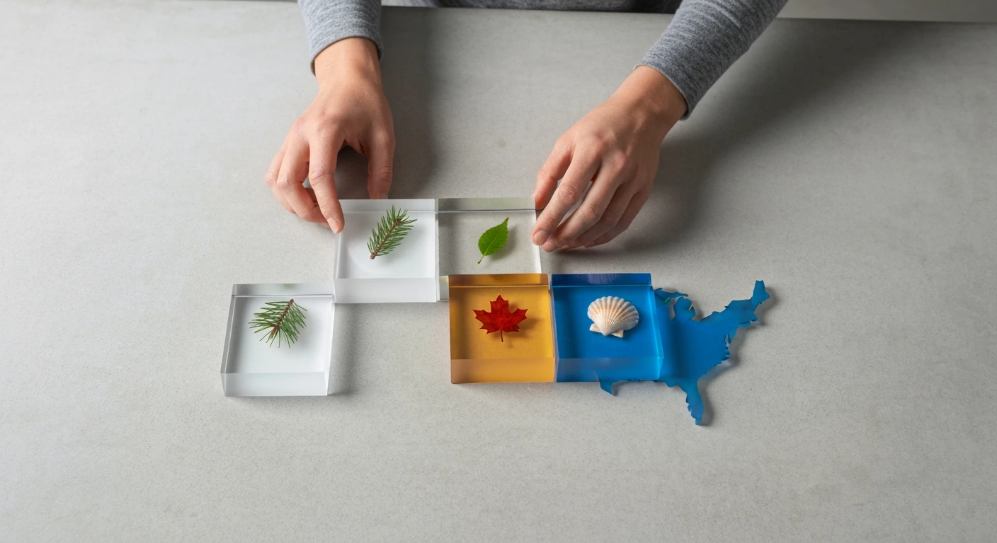 Overhead view of hands arranging four stylized acrylic blocks, each representing a distinct season (winter, spring, autumn, summer), geometrically forming a map of the United States on a concrete surface, illustrating diverse travel experiences.