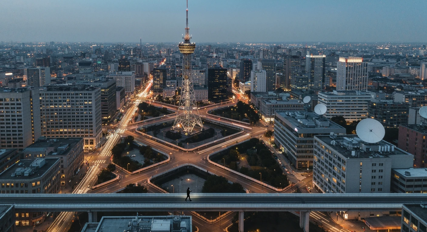 An aerial drone view of a sprawling city at dusk with intricate street patterns and communication towers, symbolizing the evolving landscape of news delivery from traditional broadcast to digital information flow.
