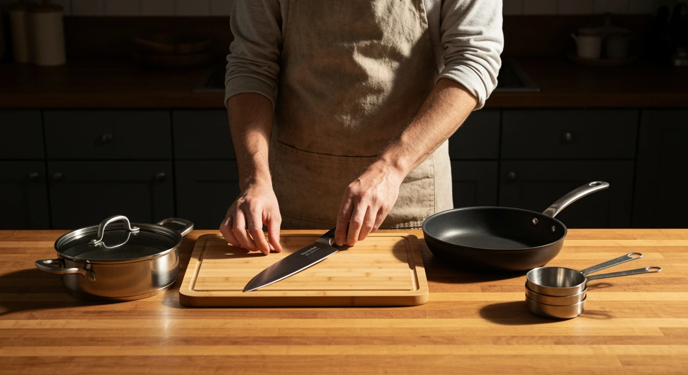 A beginner cook arranges essential kitchen tools: a chef's knife, cutting board, non-stick skillet, saucepan, and measuring cups on a butcher block counter, illuminated by morning sunlight.