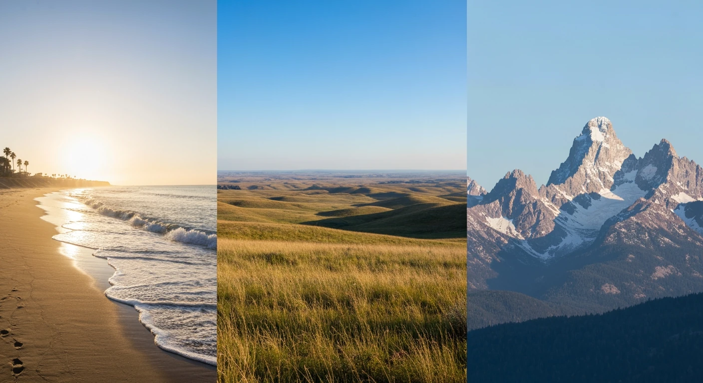 A panoramic photograph compositing diverse United States landscapes, featuring California's sandy beaches, the vast Great Plains, and the snow-capped Rocky Mountains under clear, bright daylight.