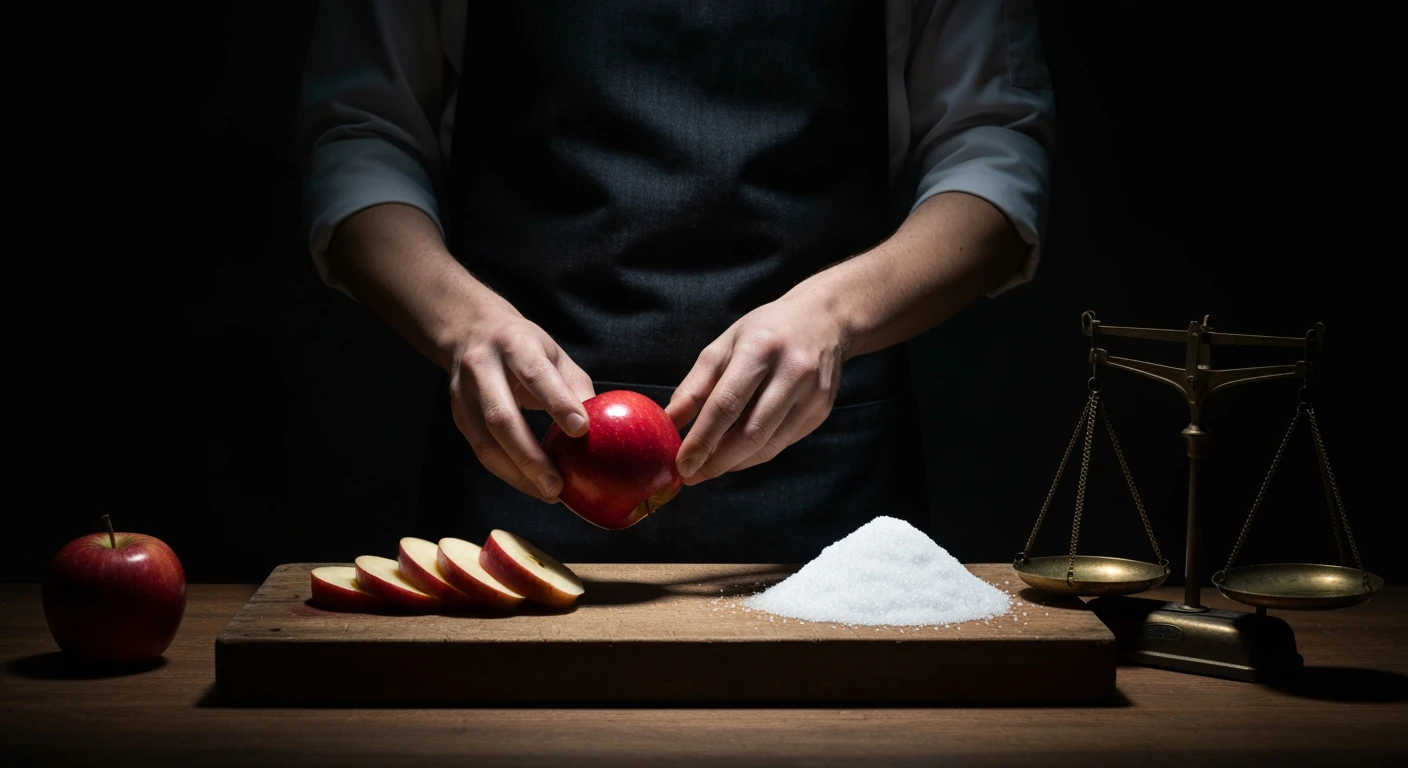 A person separating apple slices and white sugar crystals on a wooden board, symbolizing the complexity of sugar myths in healthy eating.