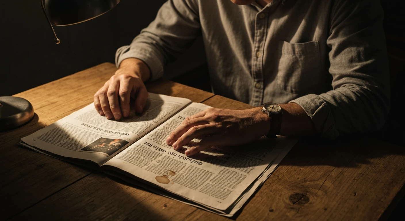 A person's hand resting on an open newspaper, critically evaluating a highlighted article section for bias under soft, warm directional light on a wooden table.