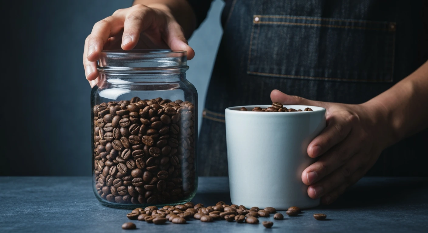 A person's hands pushing aside an unsealed glass jar of dull coffee beans to reveal a sealed ceramic container of fresh, oily beans, demonstrating proper storage techniques.