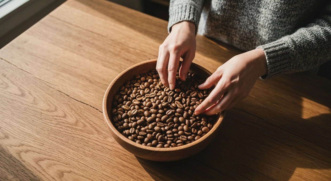 A person's hands sifting through a wooden bowl of light and dark roasted coffee beans on an oak countertop, lit by soft morning light, emphasizing freshness and quality for home brewing.