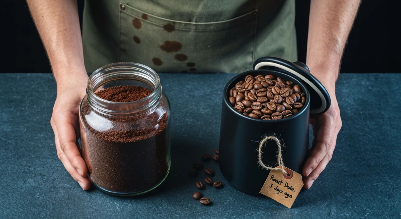 A person's hands contrasting dull, old pre-ground coffee in a glass jar with fresh, oily whole beans in an airtight ceramic canister with a roast date tag, emphasizing coffee freshness.
