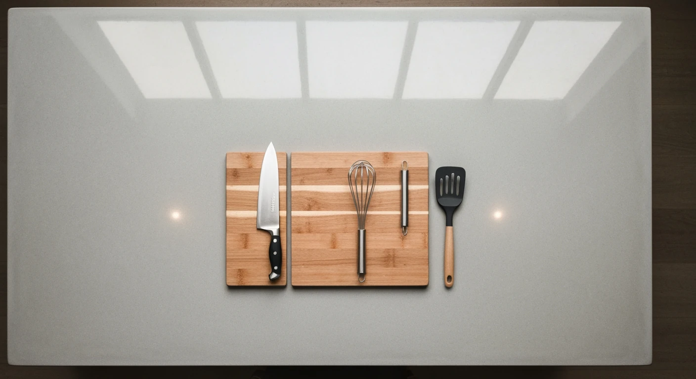 An overhead view of essential kitchen tools—chef's knife, wooden cutting board, whisk, spatula—arranged geometrically on a light gray concrete island, symbolizing efficient home cooking.