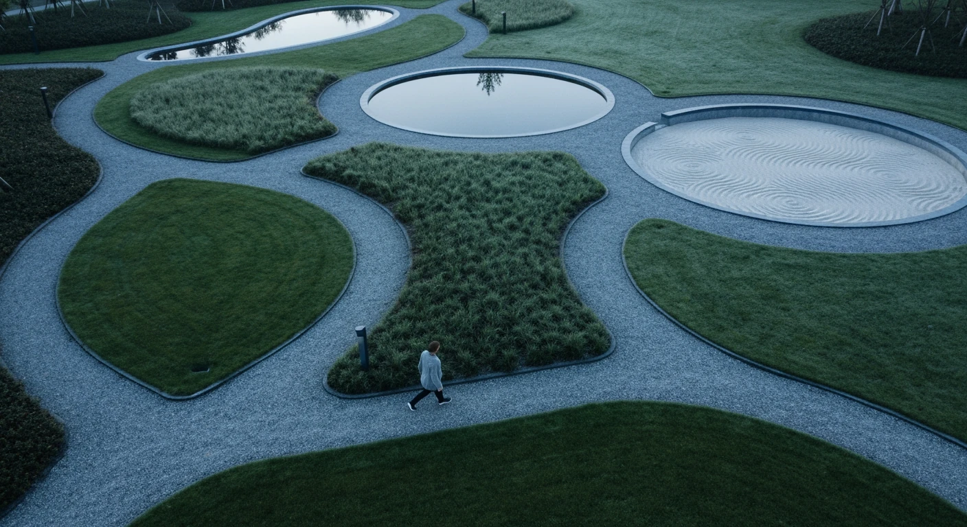An aerial drone view of a minimalist urban park with geometric paths and distinct wellness zones, symbolizing interconnected mind, body, and spirit.