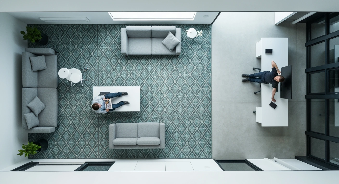 An aerial view of a modern, multi-functional home interior with distinct zones, showcasing a person reading and another stretching in a flexible living and workspace.