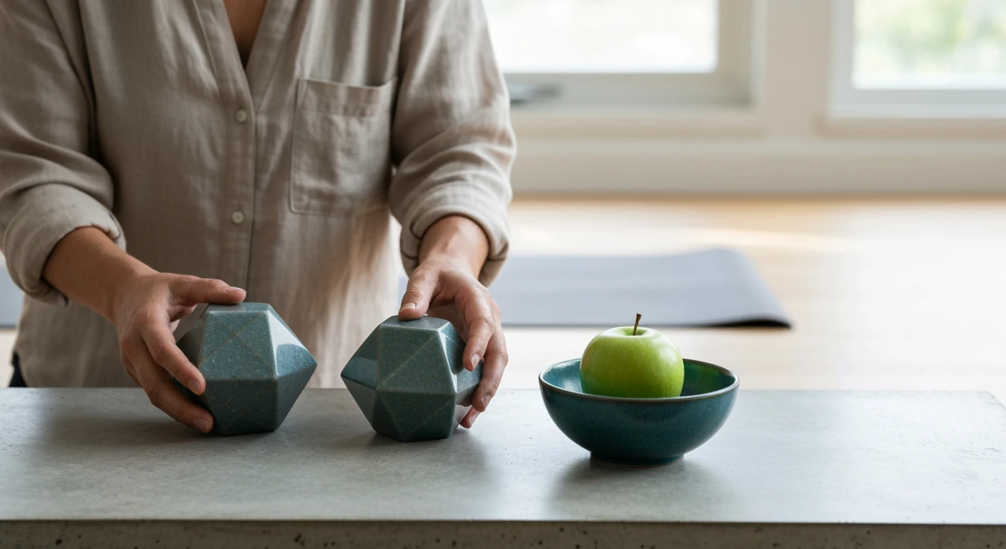 A person arranging river stones and a green apple on a concrete slab, symbolizing balanced, holistic wellness in a serene home setting.