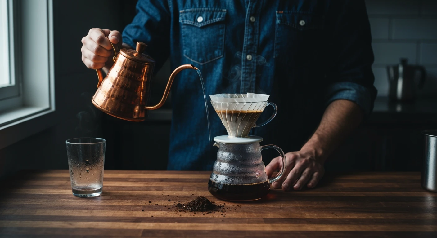A person carefully performs a pour-over coffee ritual with a copper kettle, steam rising, on a dark walnut counter, bathed in dramatic chiaroscuro light. Coffee Culture: Latest Trends & Brews.