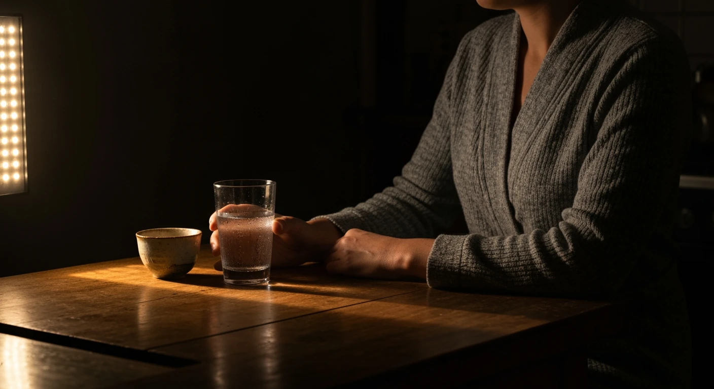 A person in a gray robe holds a glass of water at a dark kitchen island, illuminated by dramatic warm light, symbolizing a mindful morning ritual.
