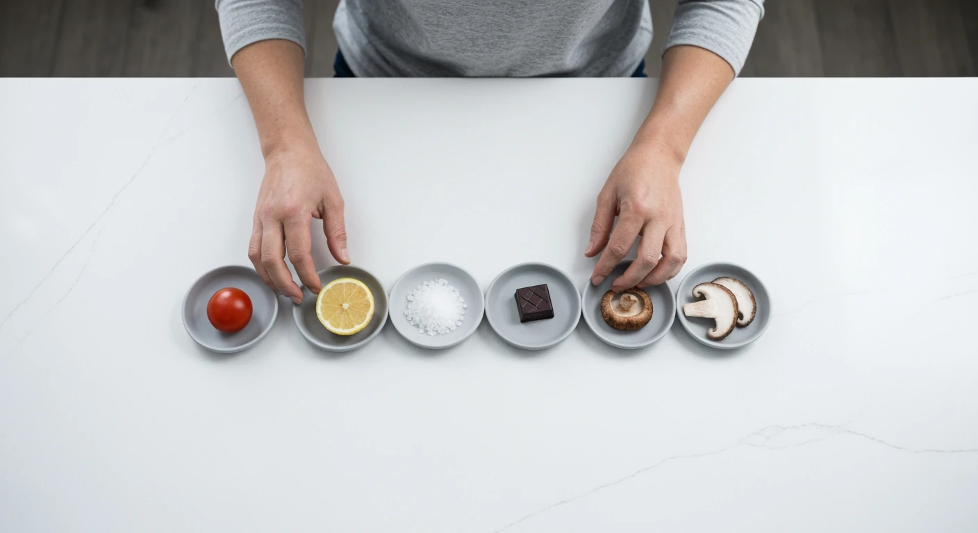 Overhead view of a person's hands arranging small dishes of cherry tomato, lemon, sea salt, dark chocolate, and shiitake mushrooms on a white quartz counter, illustrating the five basic tastes in gourmet cooking.