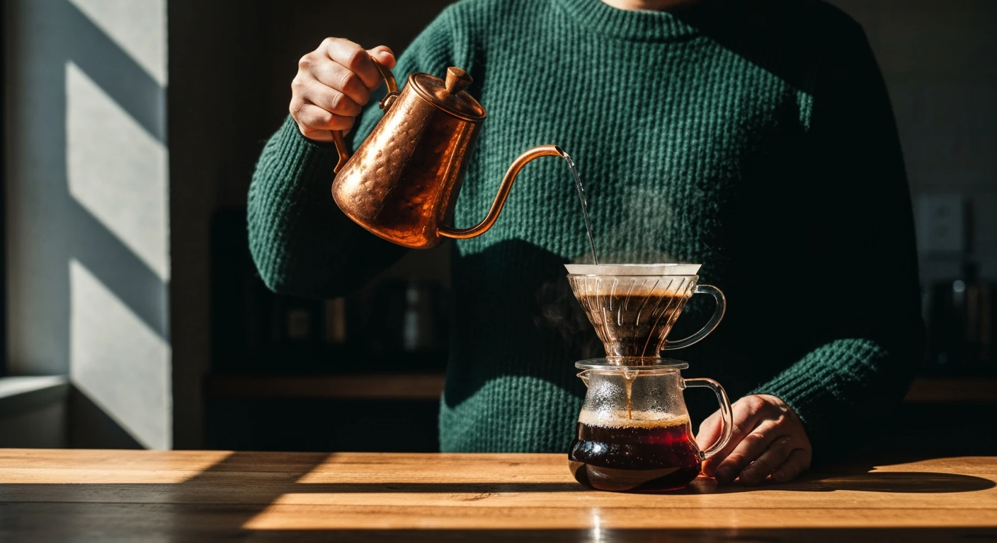A person pouring hot water into a glass pour-over coffee dripper on a wooden counter, highlighting the intricate morning coffee ritual and specialty brewing.