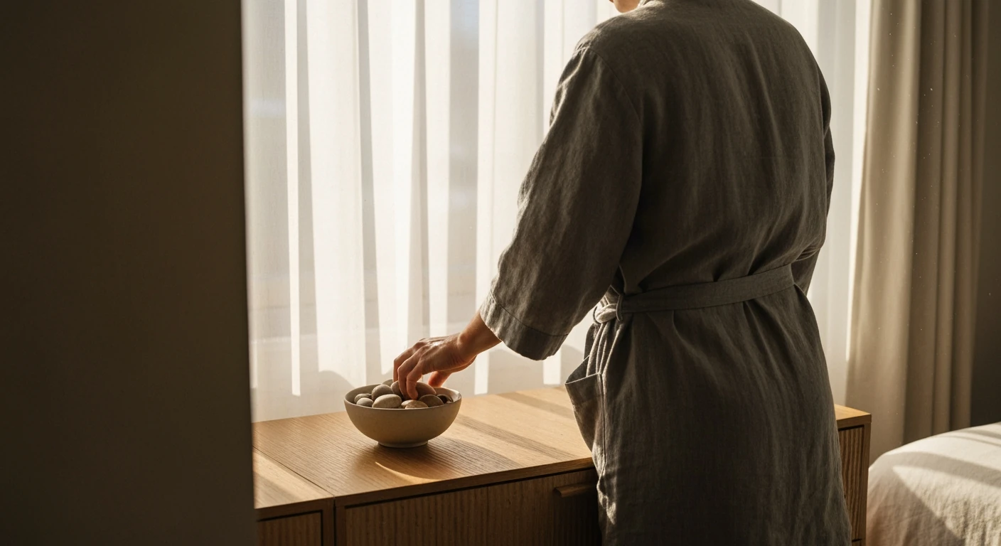 A person in a linen robe reaches for river rocks by a sunlit window, symbolizing a calm start to a morning routine.