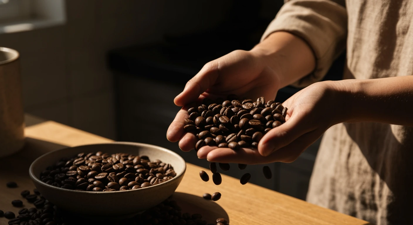 A person's hands sifting through unroasted Robusta coffee beans, with roasted Arabica beans blurred in the background, bathed in warm morning light.