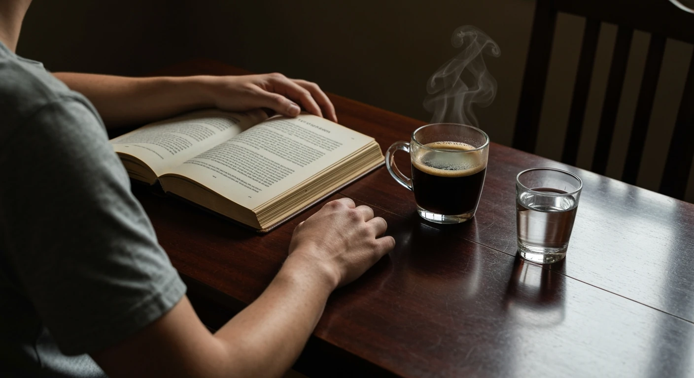 Close-up of a person's hands near a steaming coffee cup and water glass on a dark table, focused on separating coffee hydration myths from facts.