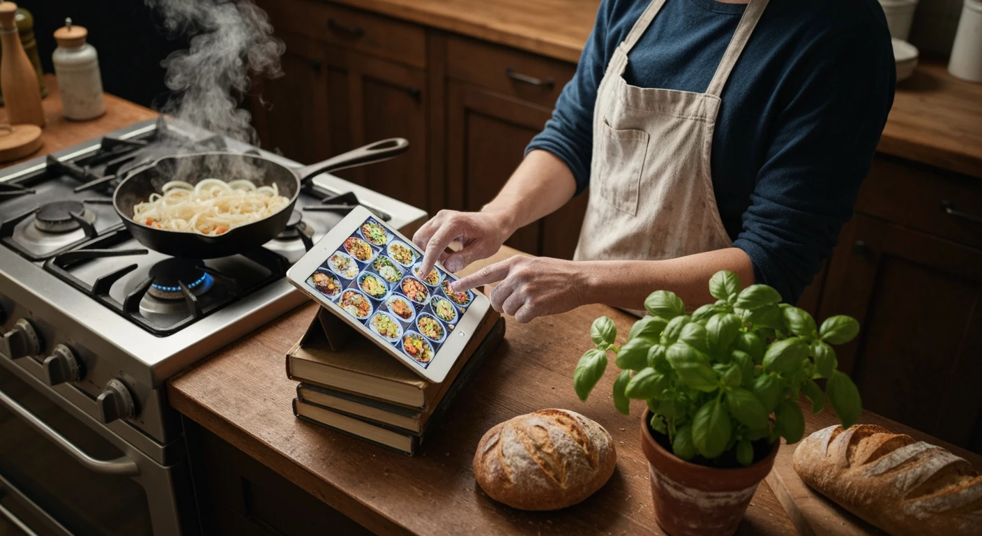 A person in a kitchen scrolling through a food blog on a tablet, with cooking in progress and fresh ingredients nearby, showcasing the dynamic nature of culinary trends.
