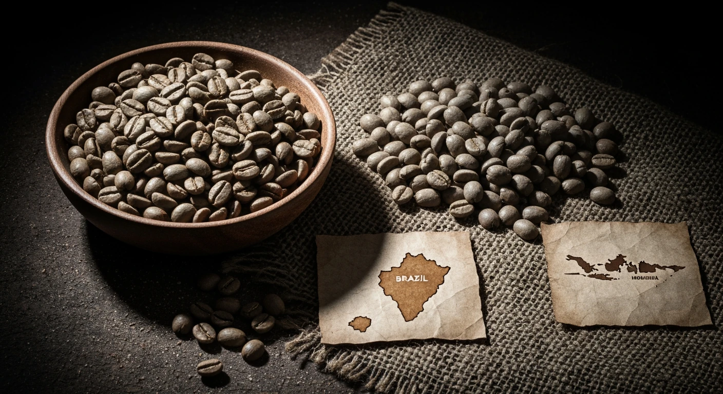A dramatic chiaroscuro photograph comparing unroasted Arabica and Robusta coffee beans, with origin maps, showcasing diverse textures and deep shadows.