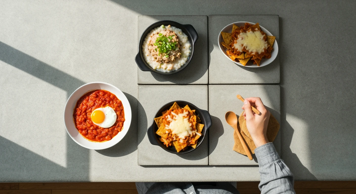 An aerial drone view of a modern kitchen island featuring a diverse breakfast spread, including shakshuka, congee, and chilaquiles, bathed in soft morning light, showcasing new US culinary trends.