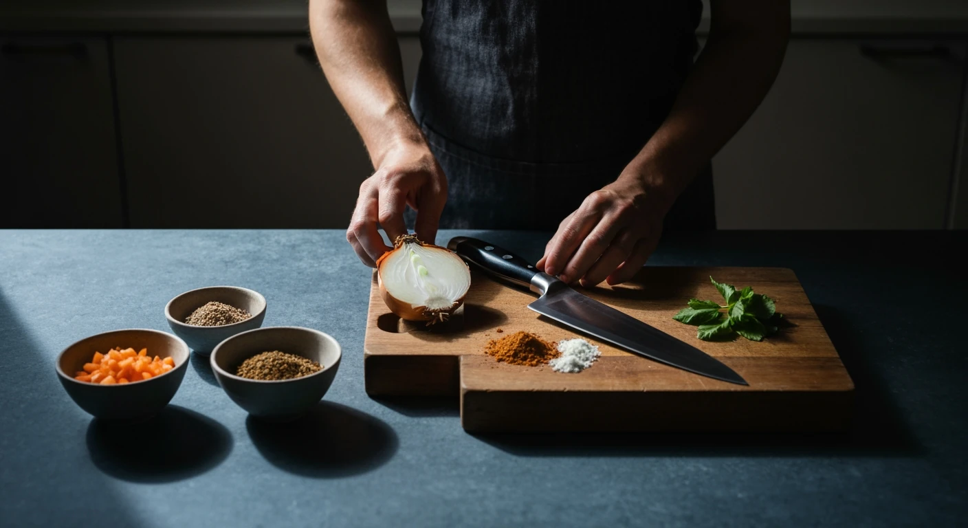A person practices mise en place, meticulously arranging pre-chopped ingredients on a slate kitchen counter, avoiding common home cooking mistakes.