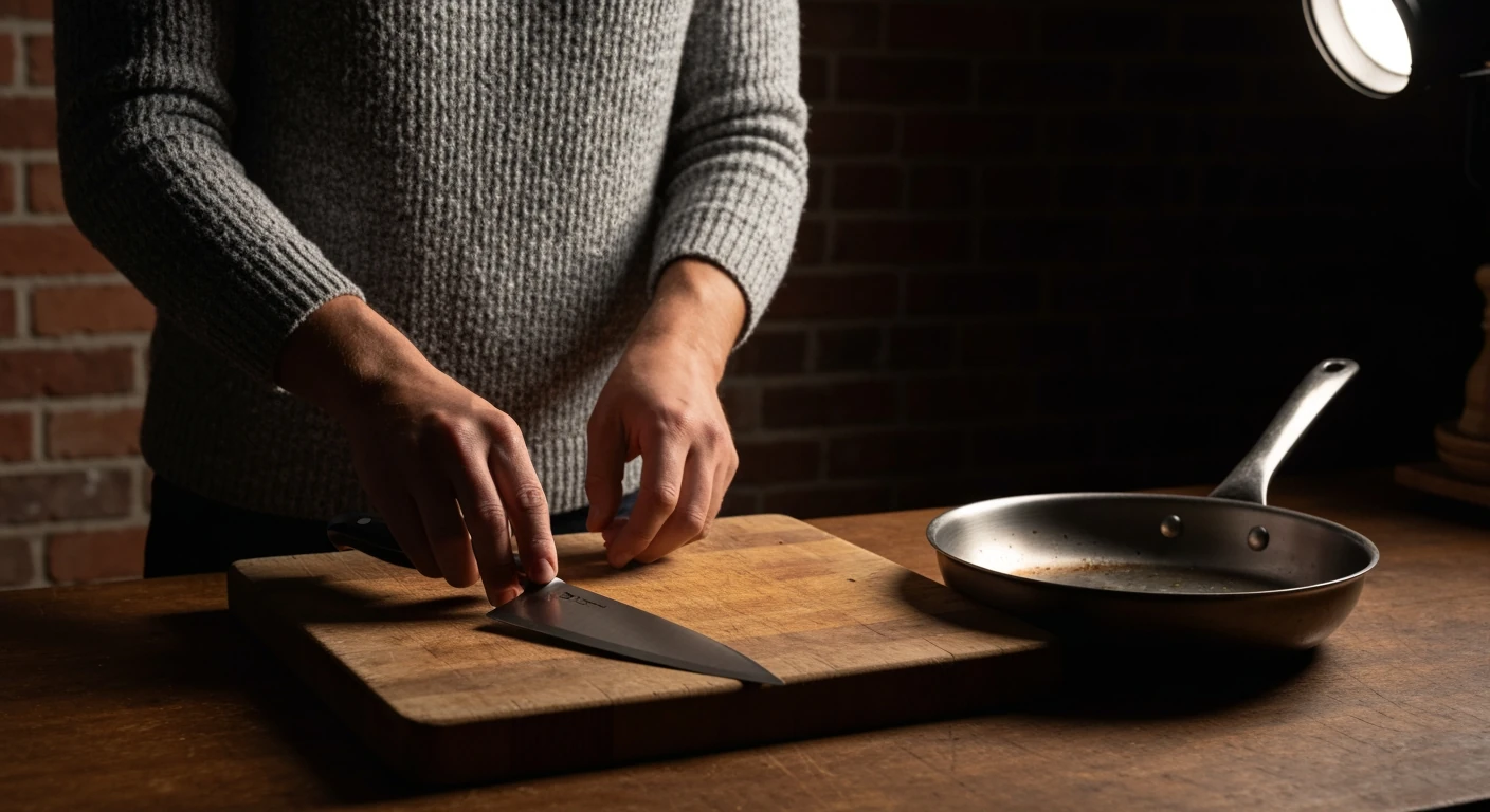A person arranging essential cooking tools, including a chef's knife and skillet, on a wooden cutting board in a rustic kitchen.
