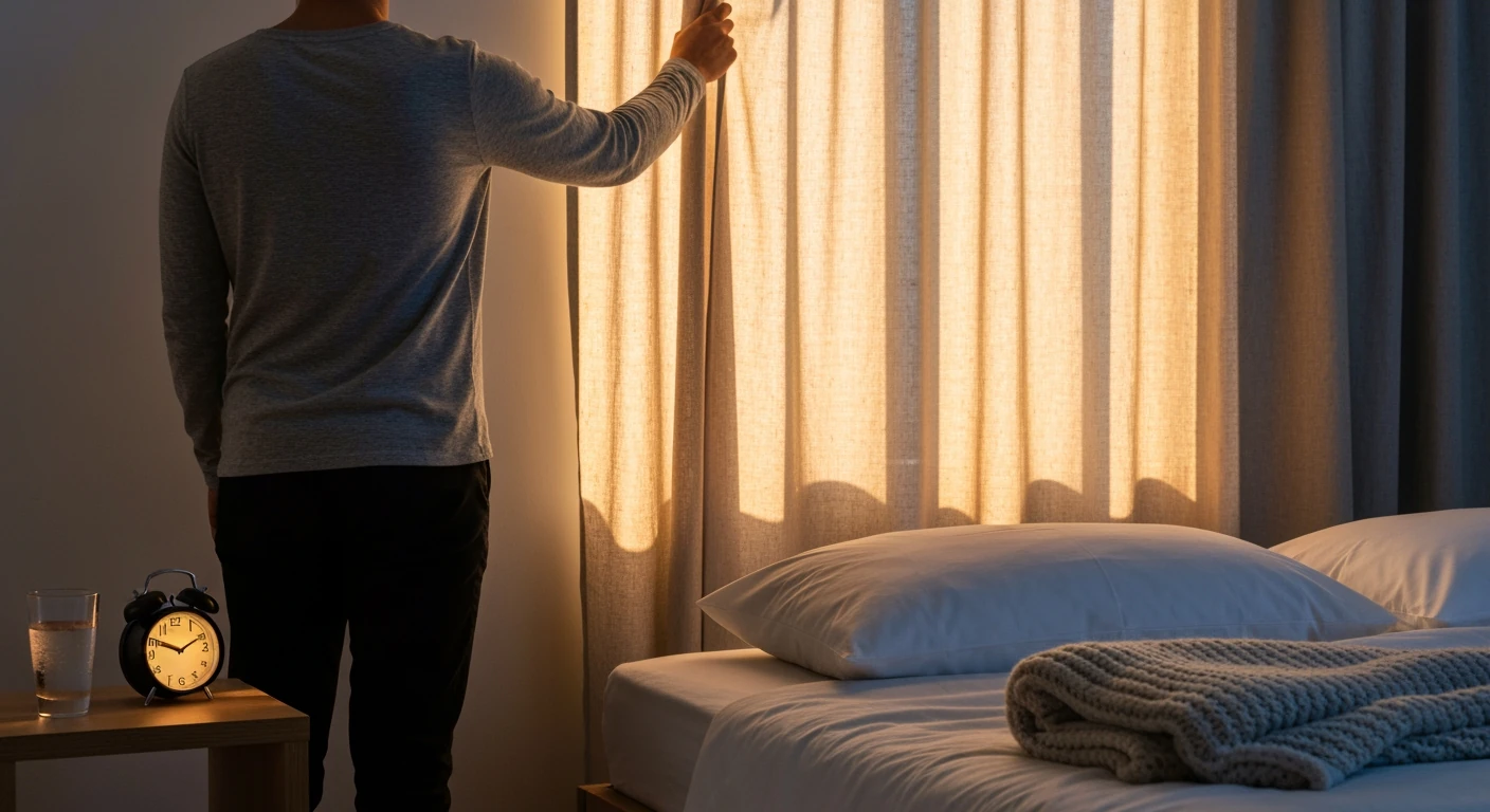 A person opening sheer curtains to let warm morning sunlight into a tidy bedroom, highlighting the start of a healthy daily routine.