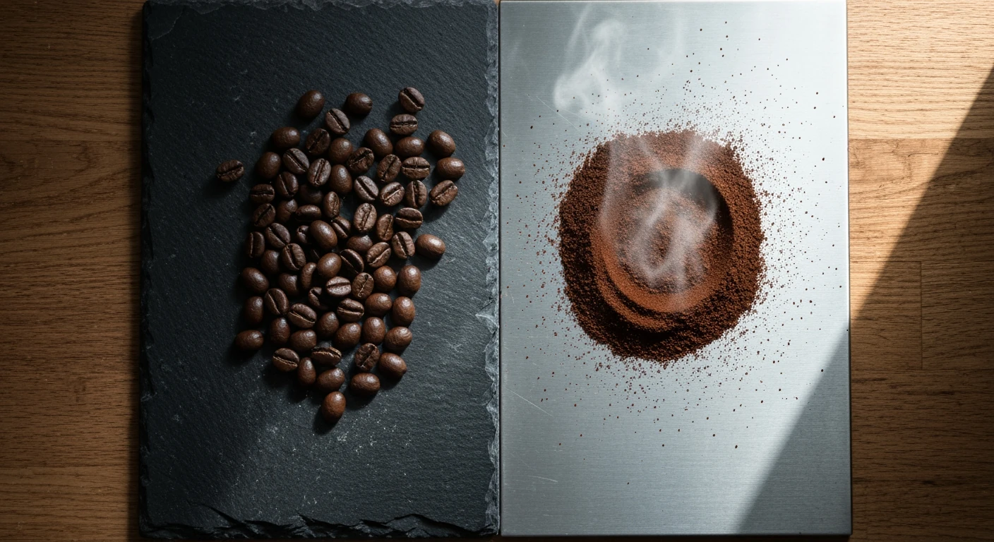 An overhead high-contrast image showing a stark comparison between whole coffee beans on a slate surface and finely ground coffee on brushed aluminum, with harsh side lighting on the whole beans and dim, even lighting on the ground coffee, symbolizing rapid flavor loss.