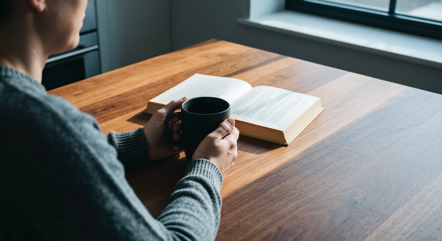 A person in a dark sweater holding a black ceramic mug at a walnut table, with an open book beside it, bathed in early morning light and deep shadows, emphasizing a calm morning ritual.