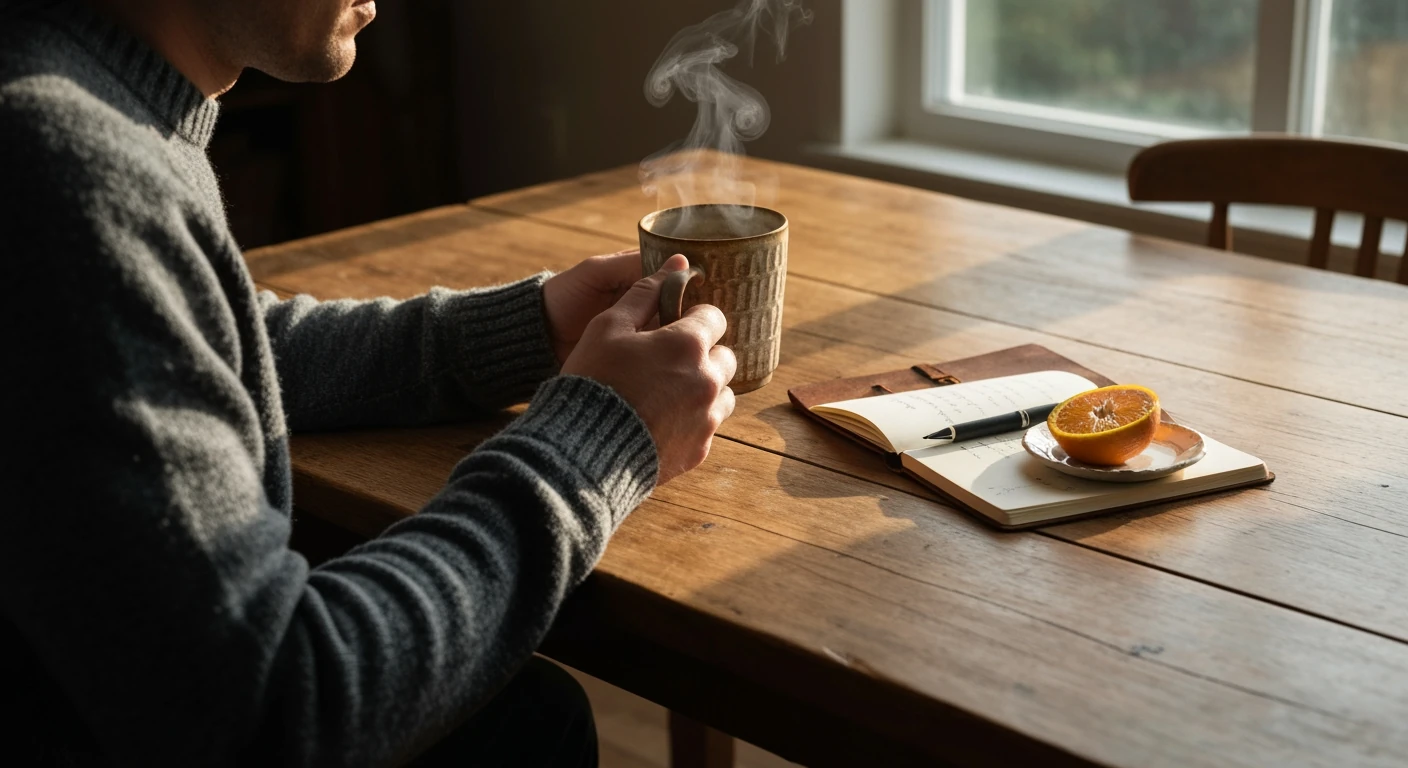 A person in a soft sweater cradling a warm ceramic mug at a wooden table, next to an open journal and a piece of orange, illuminated by gentle morning light.