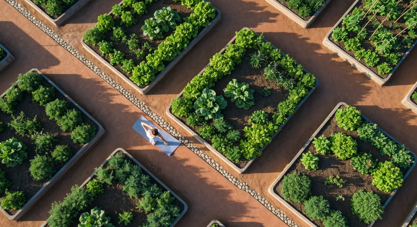Aerial view of a person doing yoga in a geometrically organized community garden, symbolizing holistic healthy living and well-being.