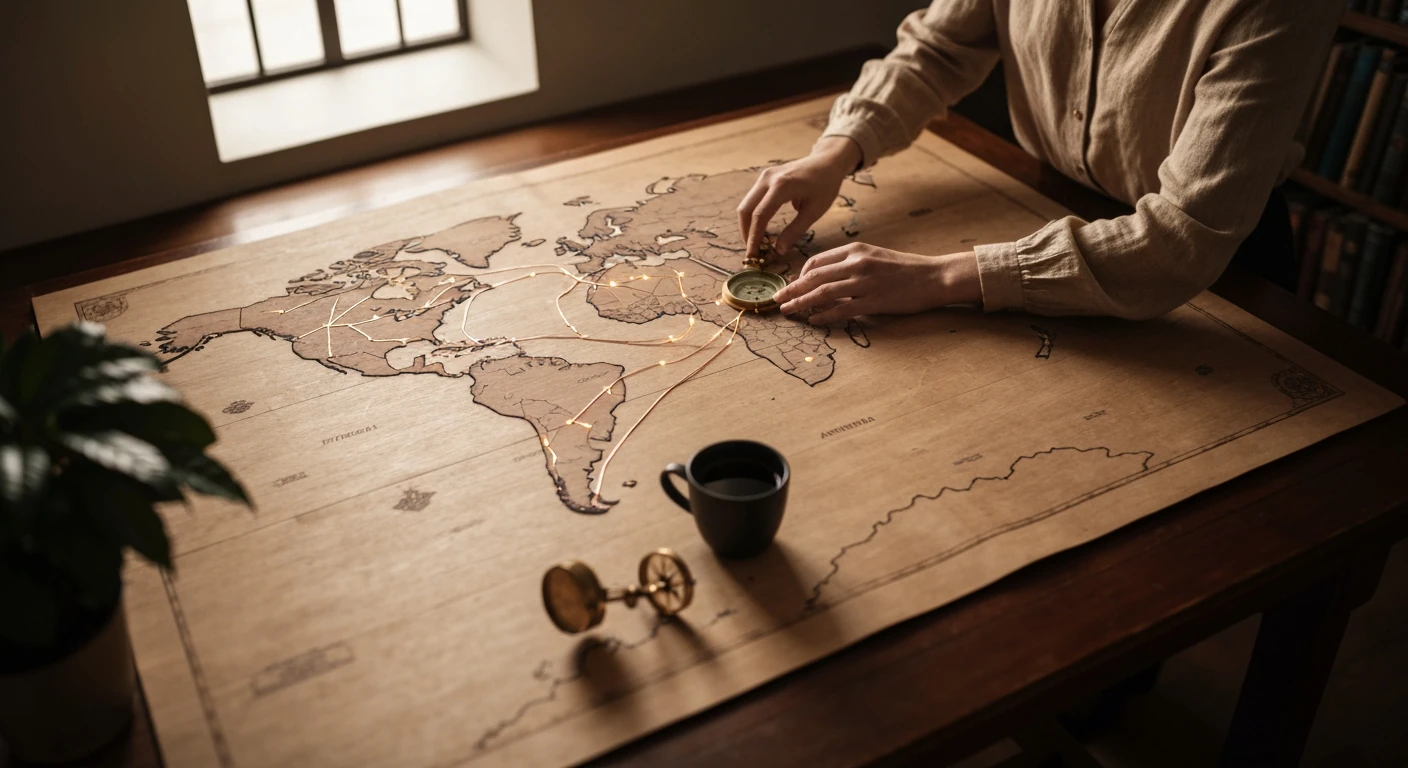 Aerial photograph of a person tracing historical coffee trade routes on a vintage world map, with a modern coffee cup marking a destination, bathed in soft, diffused light.