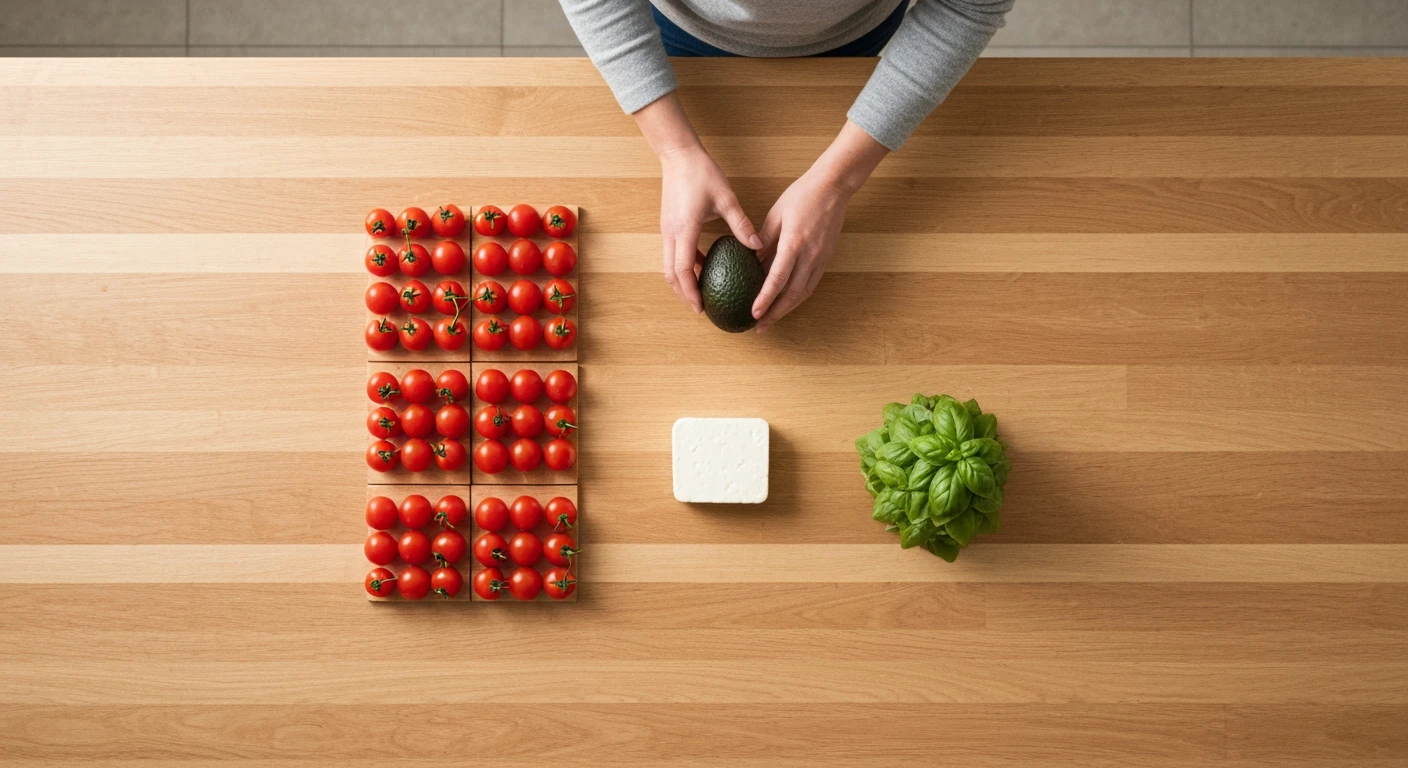Aerial photograph of a minimalist kitchen island with fresh ingredients like tomatoes, feta, basil, and avocado arranged geometrically, under soft natural light, conveying easy meal preparation.