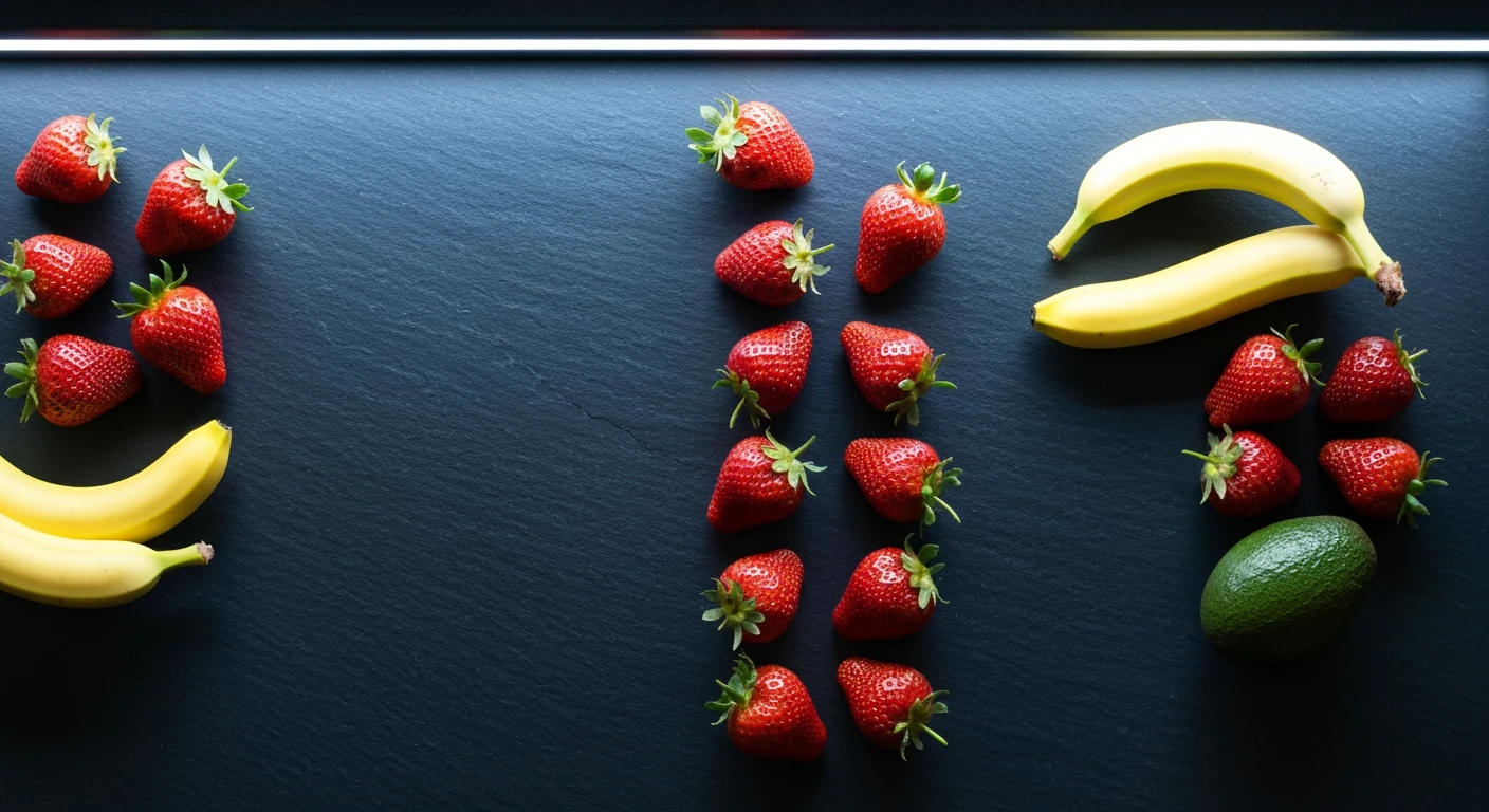 An aerial drone view of a dark slate kitchen counter with a geometric arrangement of ripe red strawberries, yellow bananas, and a green avocado, lit by cool diffused light, highlighting botanical curiosities.