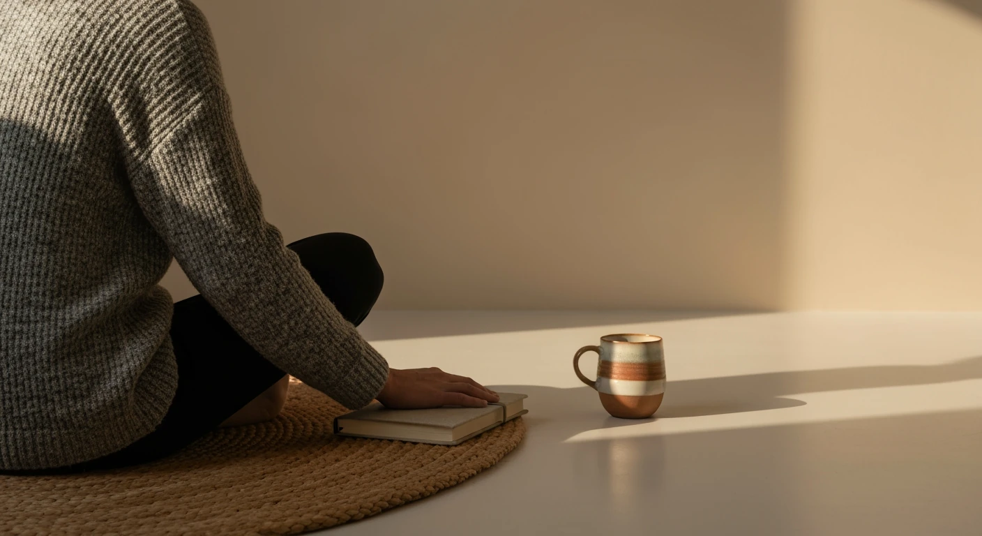 A person in a heather gray sweater meditating or journaling on a jute rug, with a ceramic mug nearby in soft morning light, embodying a peaceful morning routine.