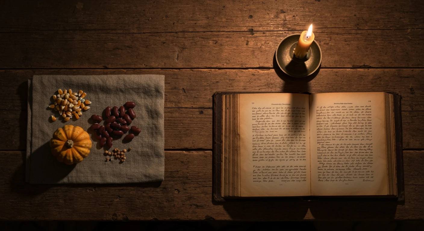 Overhead view of a rustic table with dried corn, beans, and squash on linen, next to an open, handwritten colonial cookbook, lit by a flickering beeswax candle, evoking early American culinary history.