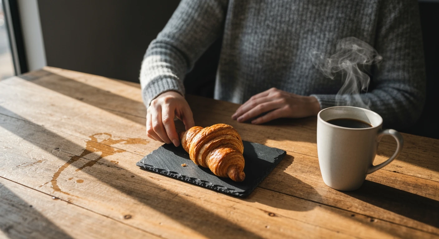 A person in a gray sweater reaches for a warm croissant on a slate plate, coffee steaming on a reclaimed wood table bathed in soft morning light, embodying a serene breakfast.