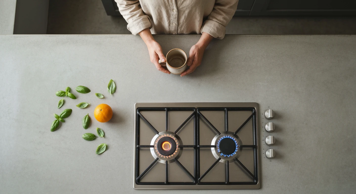 Aerial view of a person's hands placing a ceramic mug on a concrete counter, near a lit gas burner in a kitchen, symbolizing daily inspiration.