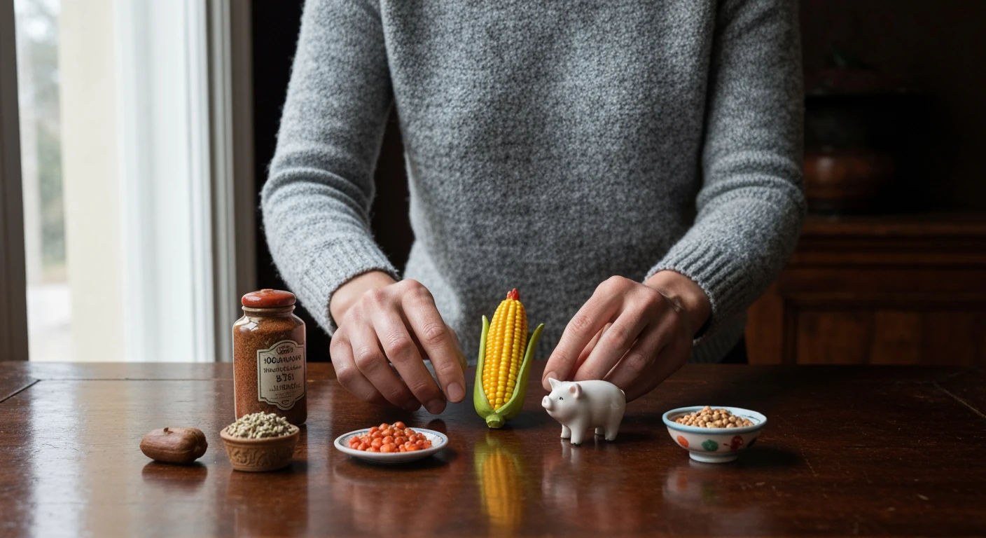 A person arranging miniature historical food items on a wooden table, symbolizing the diverse origins of American cuisine.