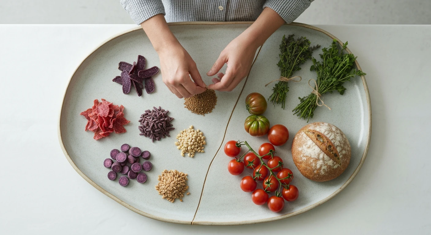 An aerial view of a person arranging global ingredients like ube and fonio on one side of a ceramic platter, contrasted with local produce like heirloom tomatoes and herbs on the other, reflecting current food trends.