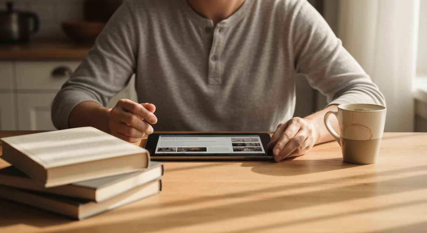 Person mindfully reading curated news on a tablet at a wooden kitchen table, with a coffee mug and books, in warm morning light.