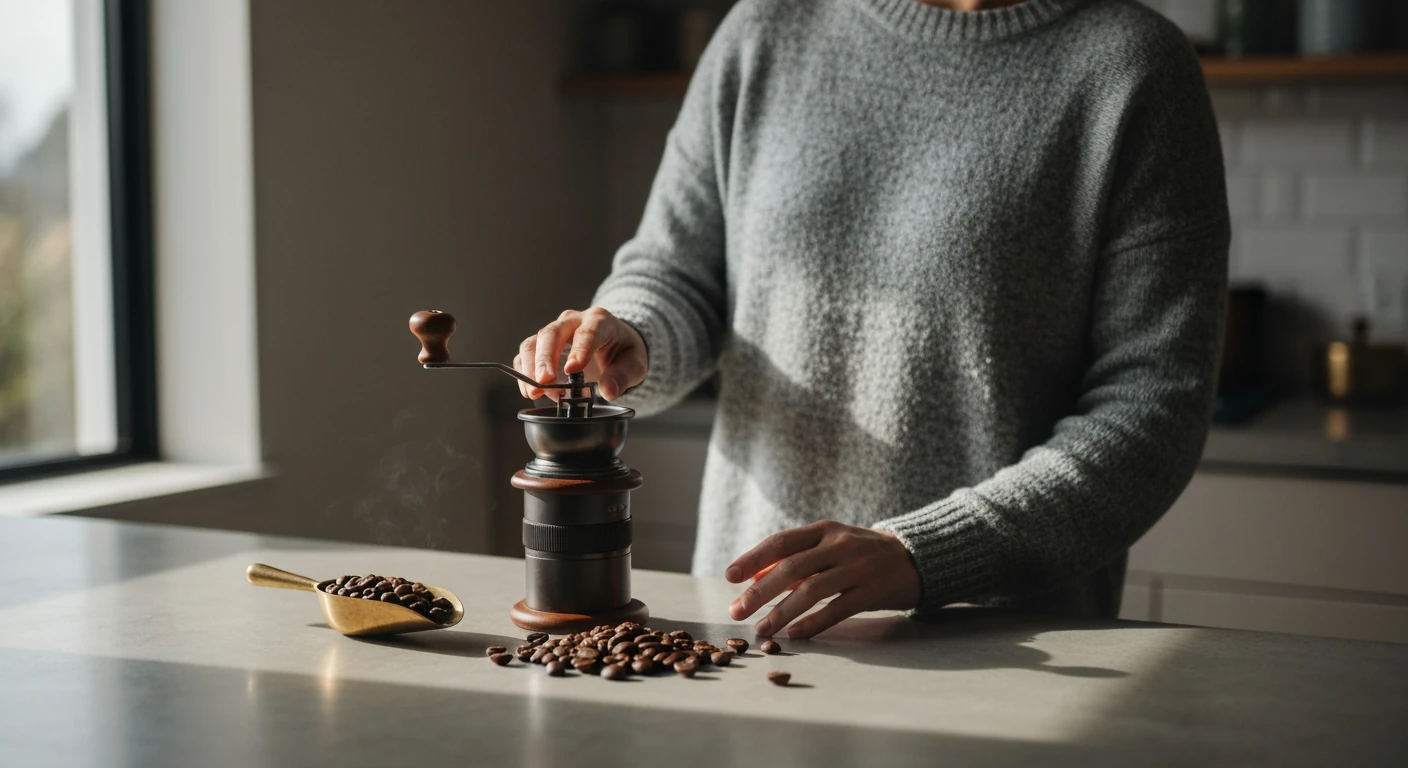 A person in a gray sweater manually grinding coffee beans on a concrete counter, bathed in soft morning light, emphasizing a calm morning ritual.