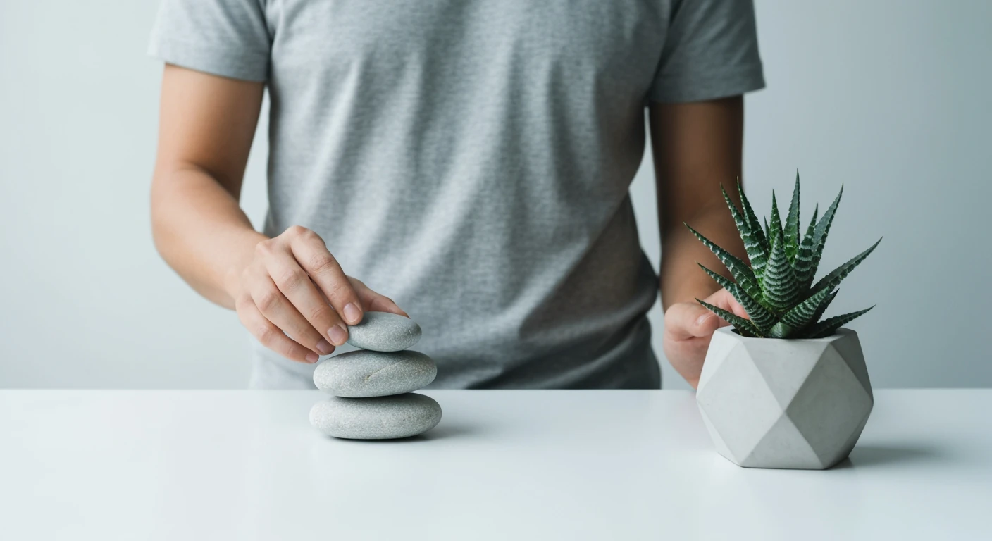 A person placing a polished river stone onto a stack on a white ceramic surface with a succulent, symbolizing building sustainable healthy habits and balance.