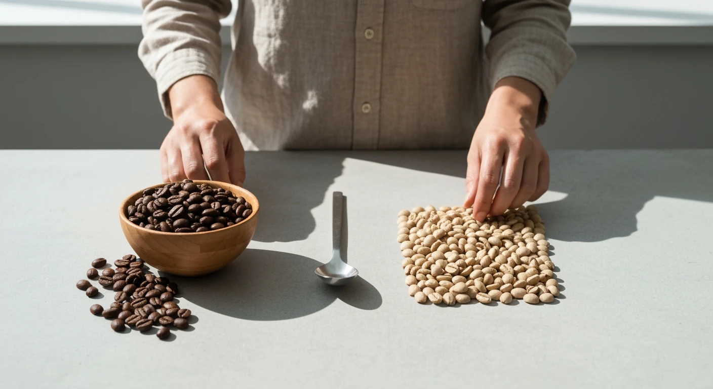 A person sorting Arabica and Robusta coffee beans on a concrete surface, highlighting their distinct appearances and origins from the 'Bean Belt'.