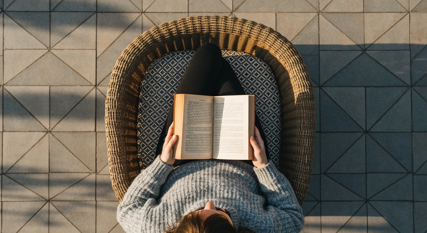 An aerial view of a person quietly reading a paperback book in a wicker armchair on a sun-dappled, geometric patio, emphasizing a calm daily routine.