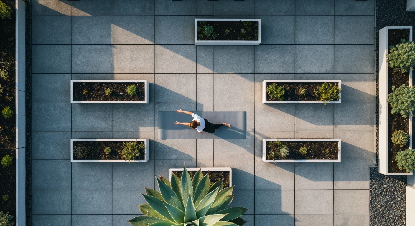 An aerial view of a person performing yoga in a geometric rooftop garden at dawn, illustrating a structured morning routine.