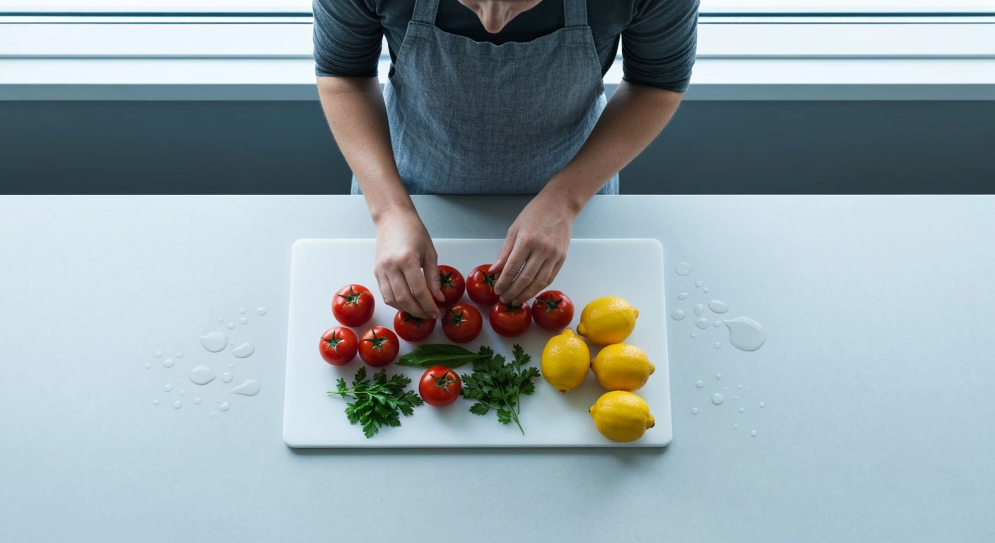 High-angle shot of a person arranging fresh, colorful ingredients like tomatoes, herbs, and lemons in a geometric pattern on a ceramic kitchen counter, emphasizing culinary wellness.