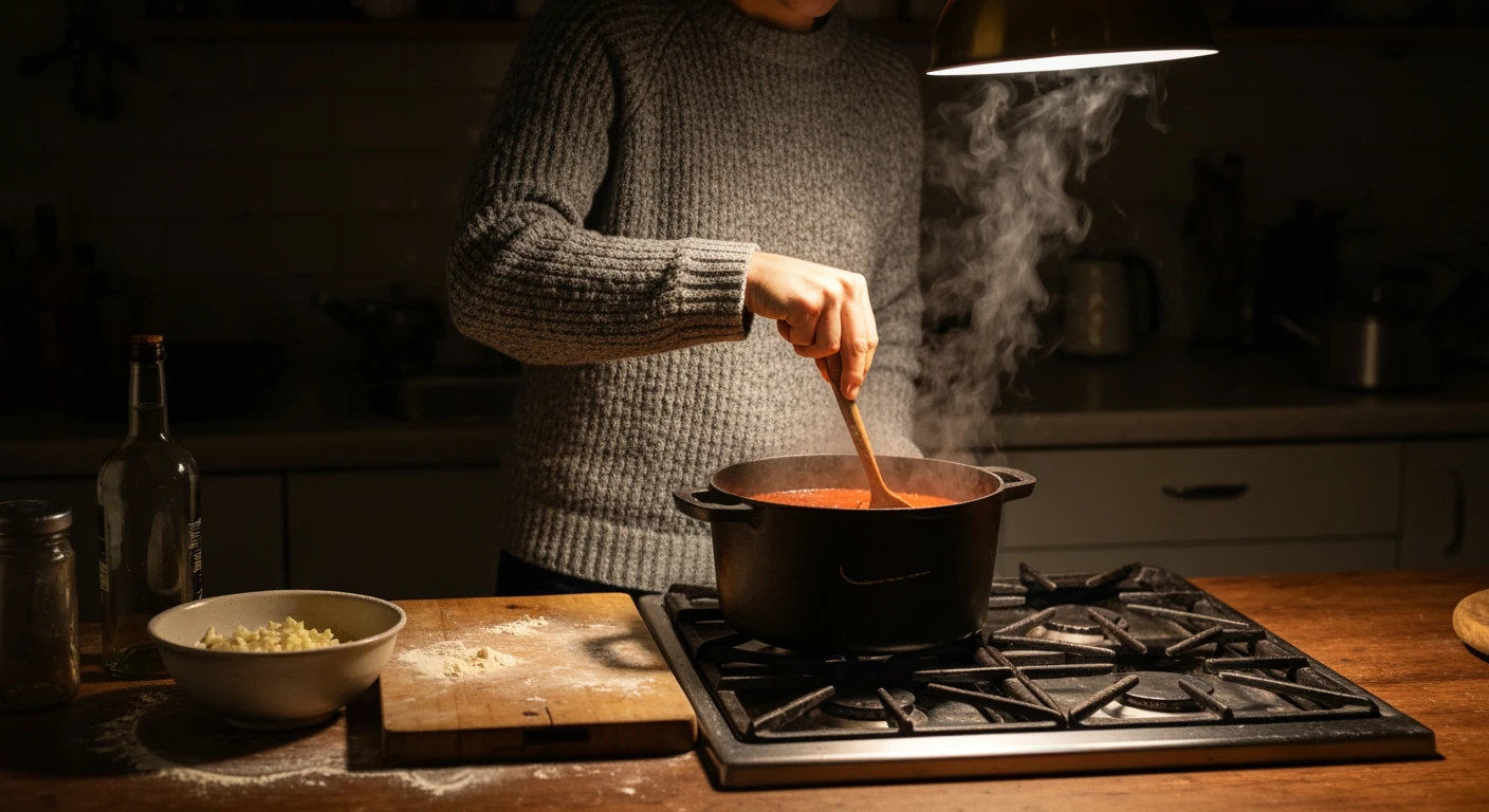 A person stirring sauce in a cast iron pot on a stove, illuminated by a warm pendant lamp, emphasizing the comforting ritual of home cooking.